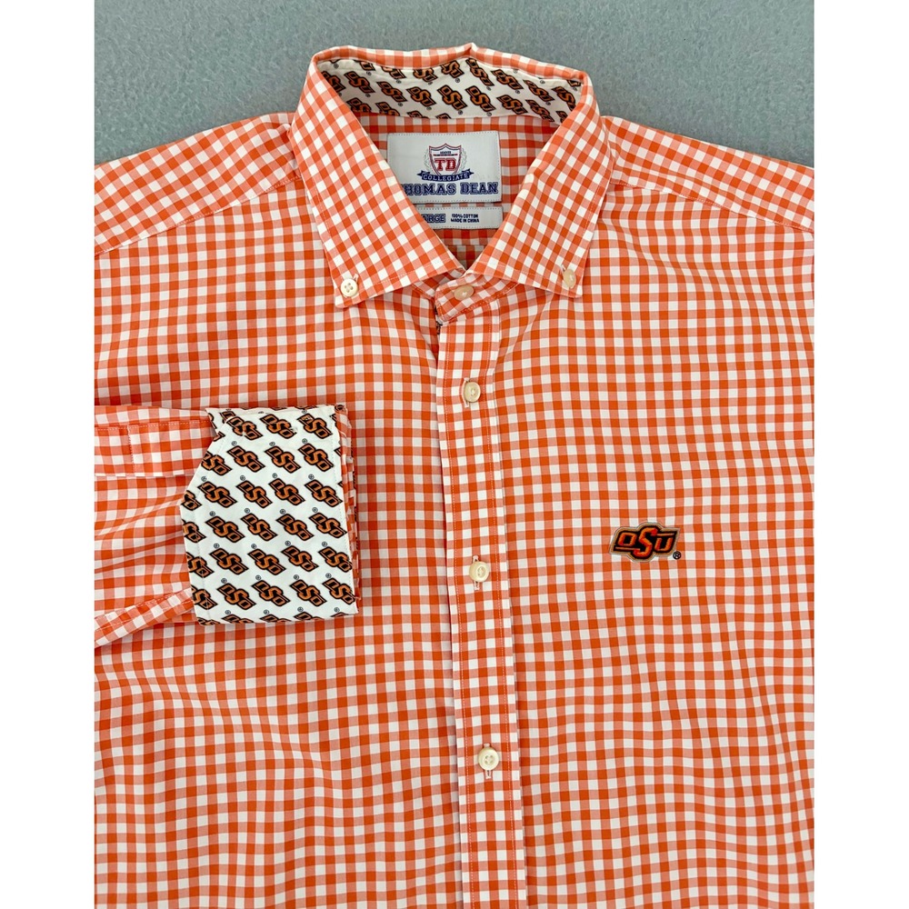 Oklahoma State University OSU Button Down Large Orange Gingham Contrast Cuffs TD